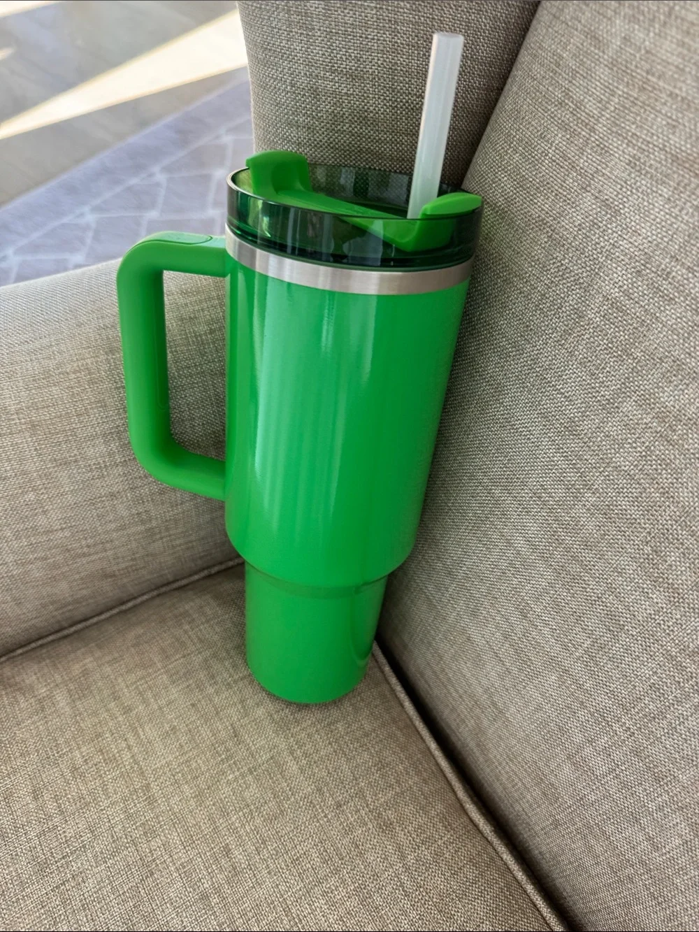 Stanley Bright Green Travel Tumbler with Handle and Straw - Picture 3 of 5